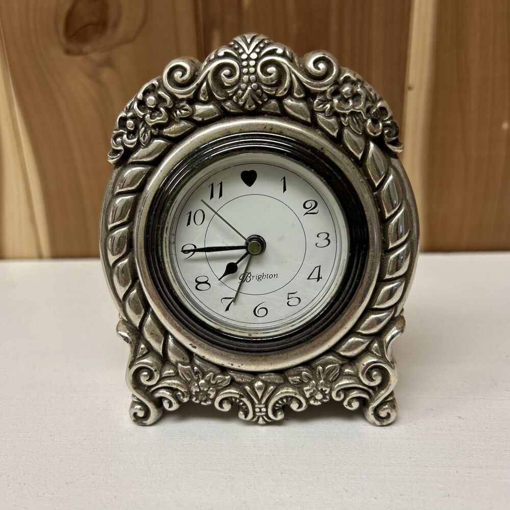 Gorgeous Vintage Brighton Victorian Style Silver Tone Desk Clock Heavy